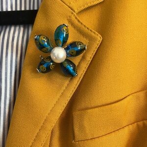 Blue and Gold Beaded Flower Brooch